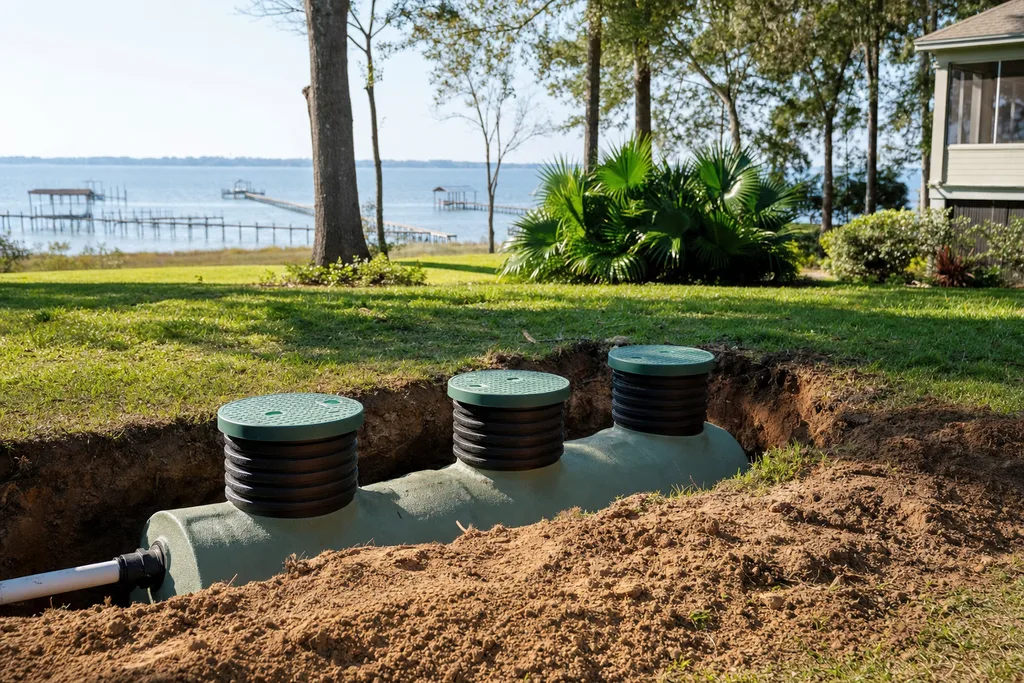 Advanced septic system tank installation near Fairhope AL waterfront property