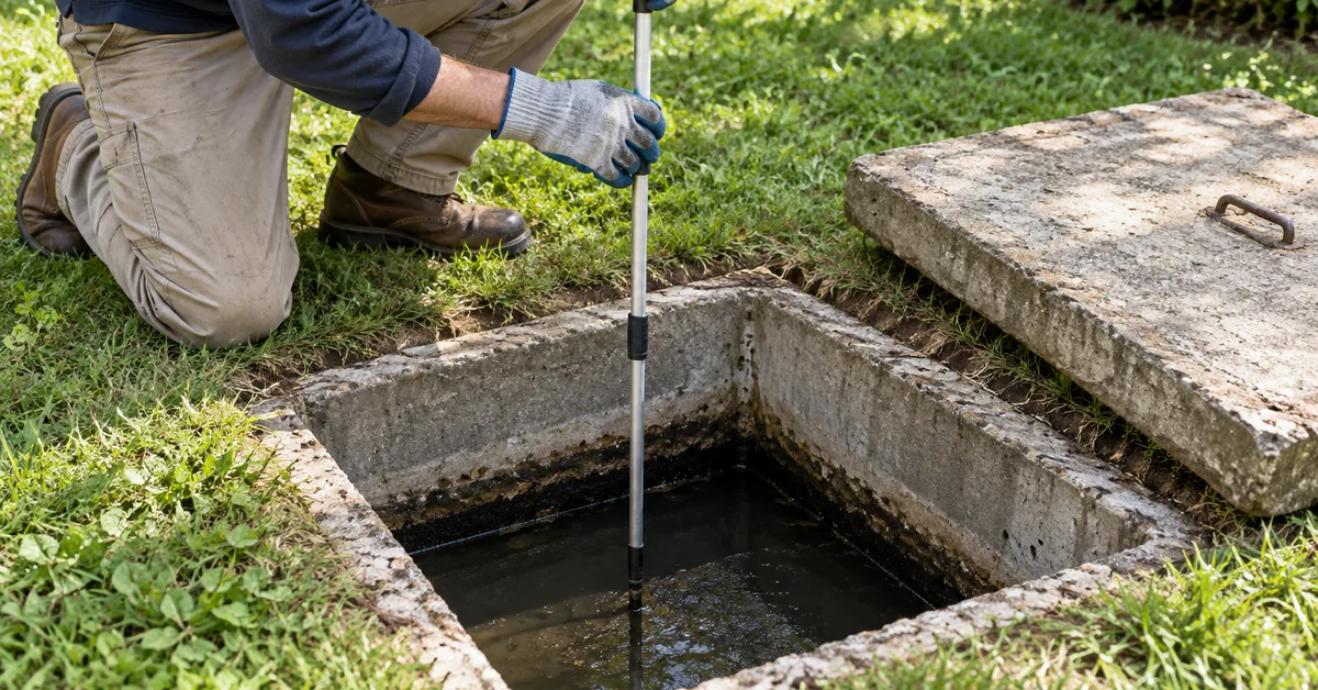 Septic inspector measuring the sludge level in an open concrete tank