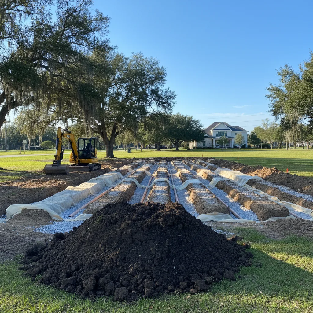 Drain field installation work prepared for a Daphne, AL property