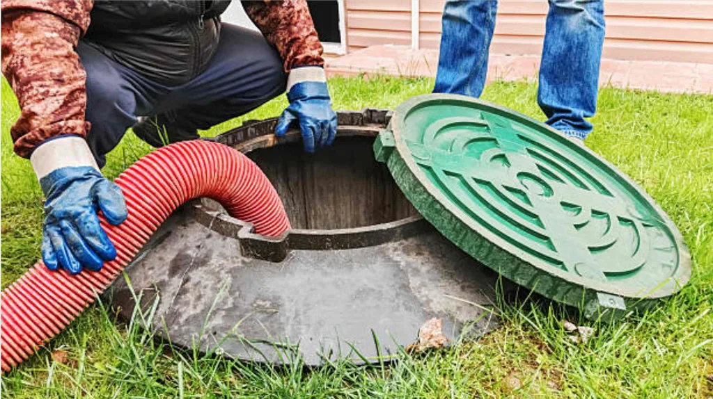 Maintenance of rural sewerage systems, pumping out wastewater using a submersible sewage pump.Pipe in a drain hole, servicing a septic tank in a backyard, removing waste with a hose and ensuring proper maintenance.