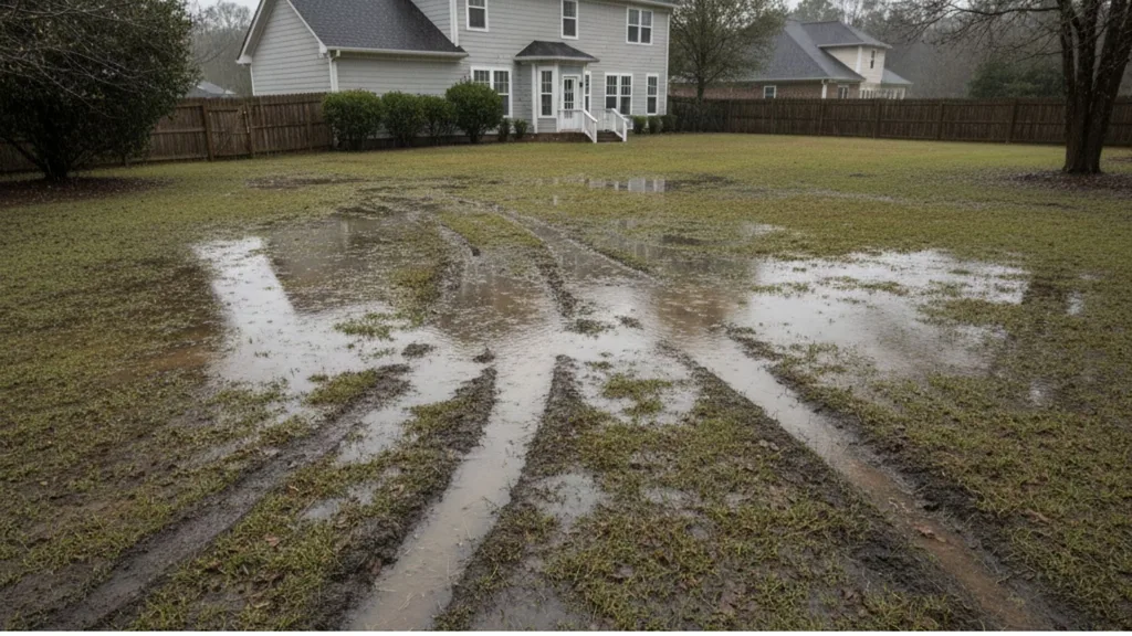 Soggy backyard with puddles over a drain field in Daphne, Alabama.