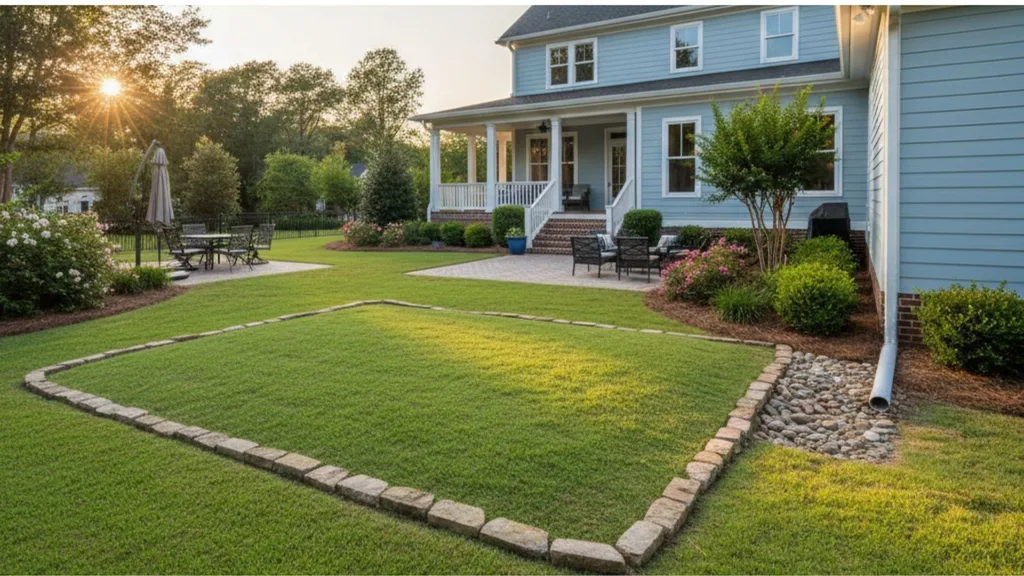 Drain field with no trees nearby and a downspout diverting water in Fairhope, Alabama.