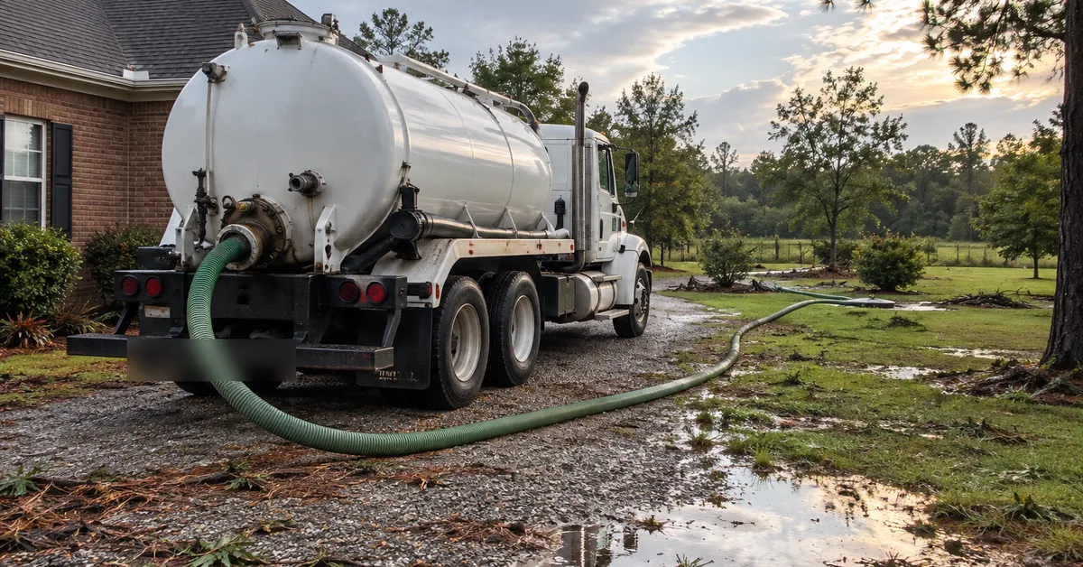 Septic vacuum truck parked at a Gulf Coast home after a storm