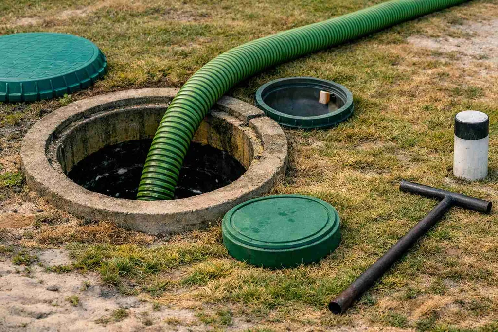 Open septic tank with long green hose inserted, surrounded by grass and sandy soil.