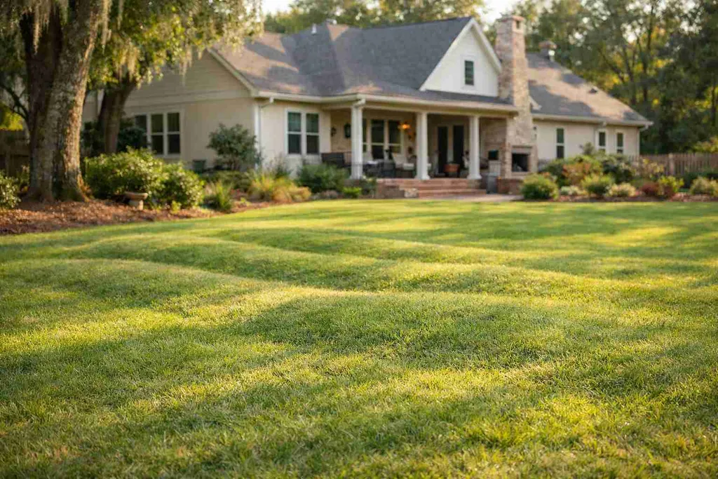 Residential backyard in Fairhope, Alabama showing subtle ground contours indicating the underground septic tank and distribution area.