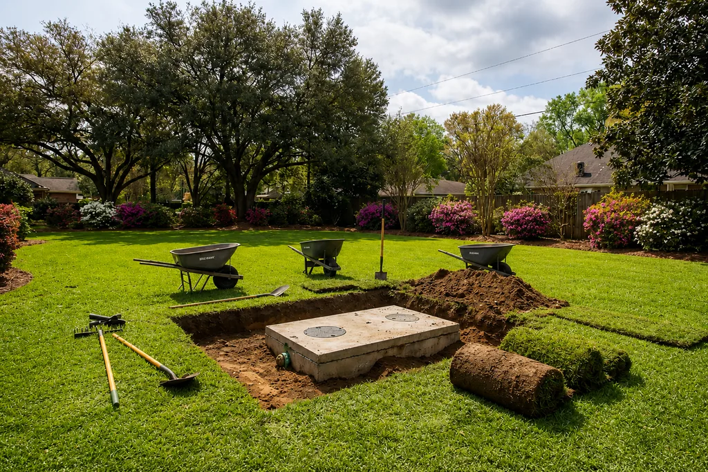 P&C Septic Solutions crew exposing a septic tank for repair in Daphne, Alabama