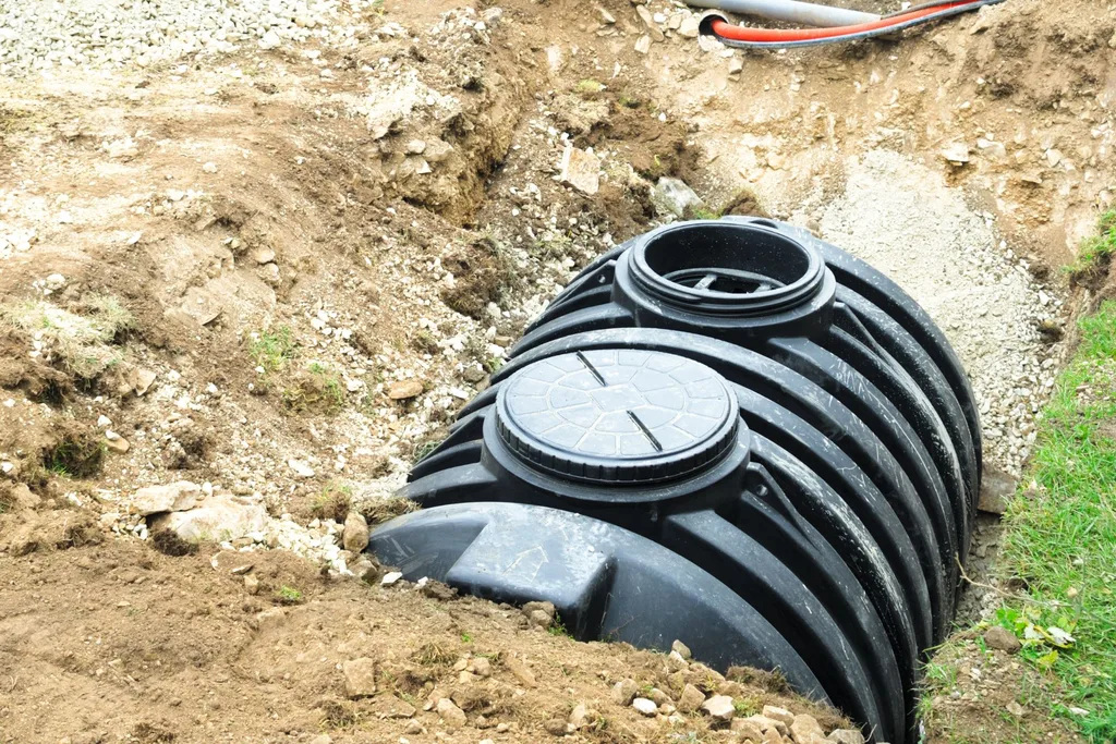 Large septic tank being installed during residential excavation in Alabama
